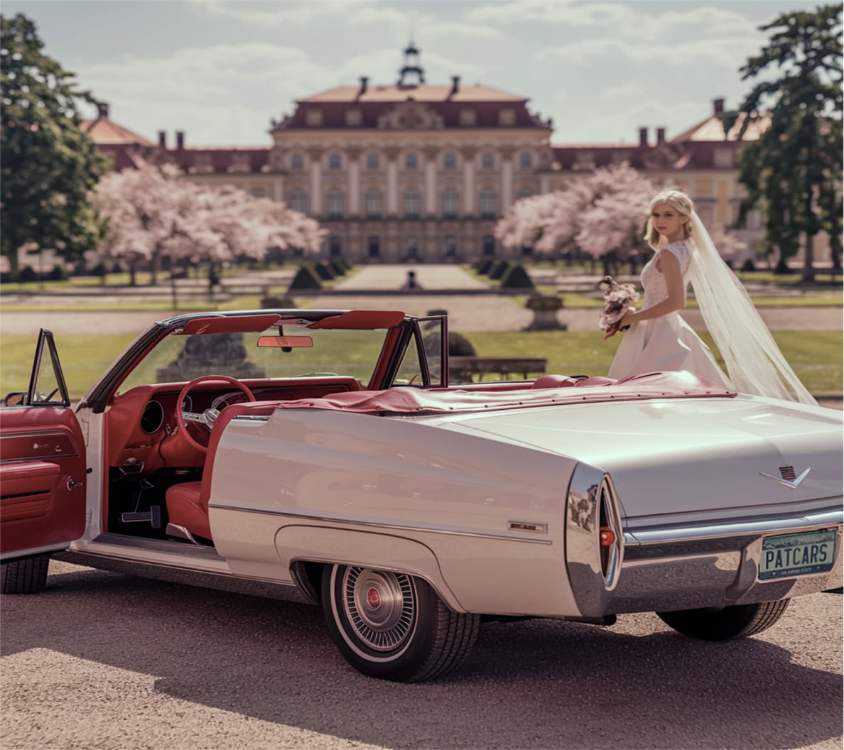 Cadillac mit Braut vor einem Märchenschloß