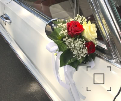 Rosentraum Hochzeitsrosen Impala mit Rosen geschmückt Sträußchen für die Außenspiegel 